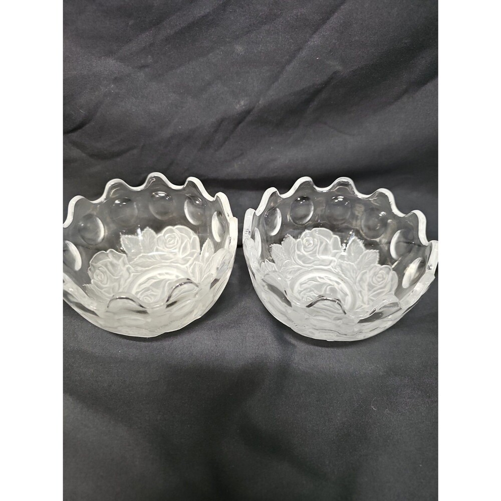 Pair of Crystal Glass Dishes Egg shaped Mikasa Studio Nova Frosted Roses